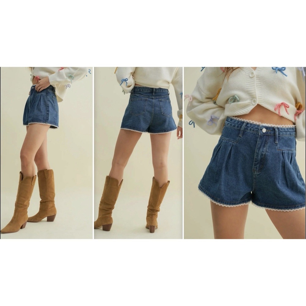 Dazy Crochet Lace Trim Boho Festival Coachella Blue Pleated Shorts XL